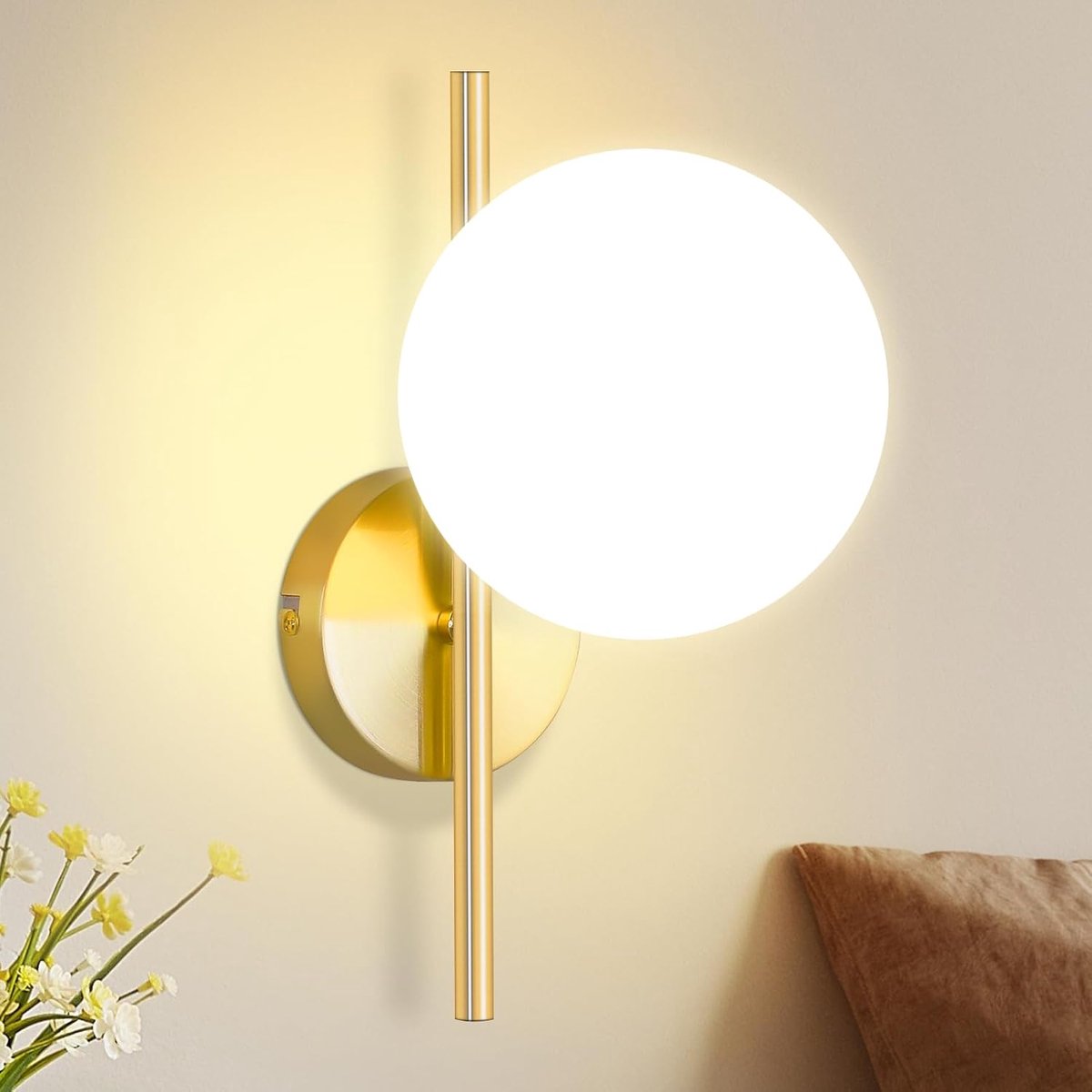 Glitzerlife - Wandspots - Wandlampen - Vintage Glaskogel - 1xE27 -Max.40W - Touchschakelaar - IJzer en Glas - Ø15cm - Goud-Wit - Moderne Verlichting