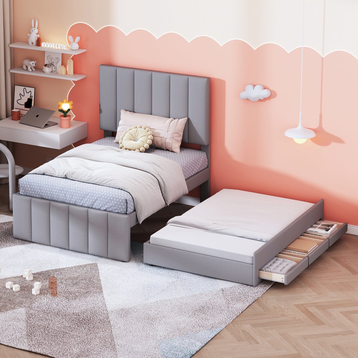 Wishdor 2-in-1 Bed 90x200 cm – Inclusief Uitschuifbed & 3 Lades – Verstelbaar Hoofdbord – Ultieme Ruimtebesparing – Ideaal voor Kleine Kamer of Tienerkamer – Katoen/Linnen – Grijs