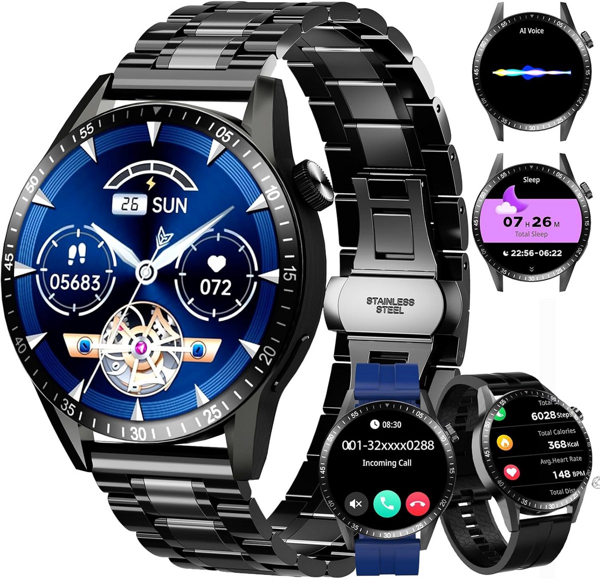 Smartwatch Heren met Oproepfunctie, Spraakassistent en 3 Horlogebanden - Gezondheidsmonitoring