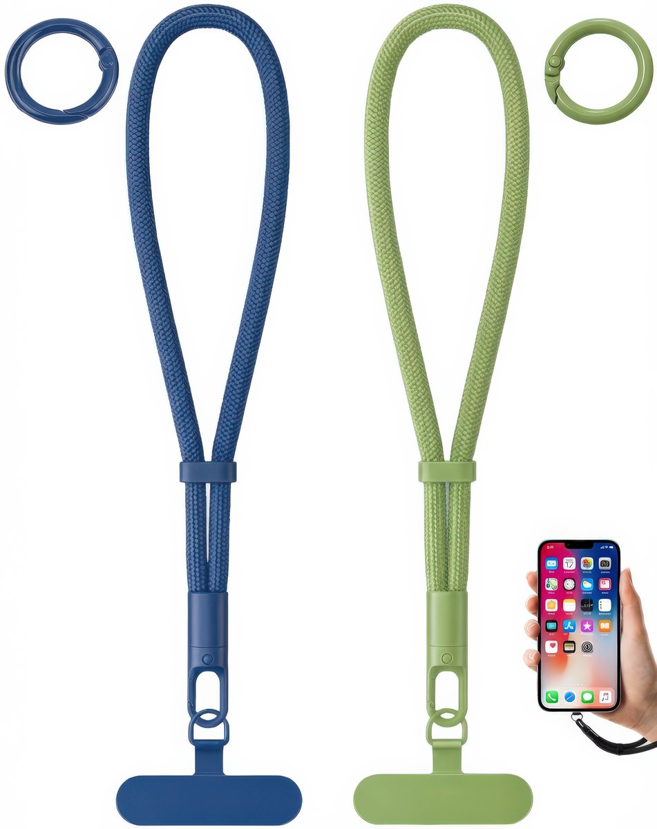 2x Polsband Telefoonkoord met 2 Ringen & Bevestigingsplaatjes, - Kort Universeel GSM Lanyard Keycord Strap - Polsbandje Sleutelkoord Telefoonketting - Musketonhaak Telefoon Koord Sleutelhanger - Keykoord Pashouder - Phone Ketting Cord - Blauw & Groen