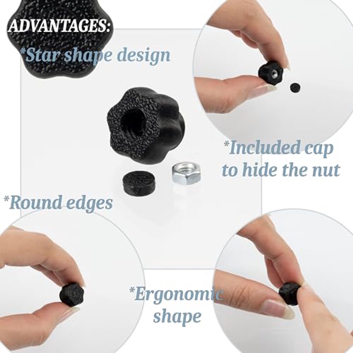- Set van 25 stervormige klemknoppen van zwarte kunststof + 25 zeskantmoeren M3 | voor het vastzetten en afstellen van statieven en technisch meubilair