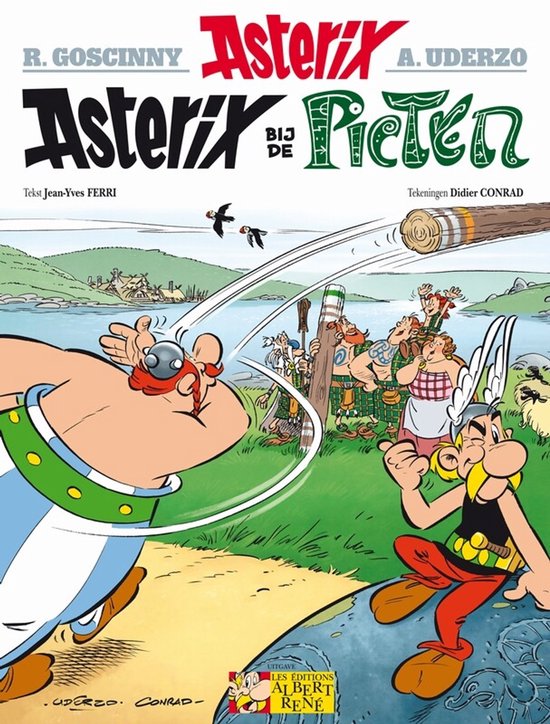Asterix en Obelix, "Asterix bij de Picten"-cover. Inclusief tekst: "Asterix bij de Picten", R. Gosciny, A. Uderzo, Jean-Yves Ferri, Didier Conrad.