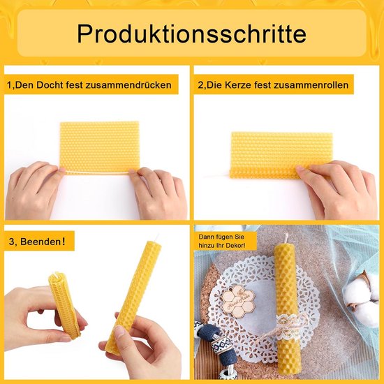 Natuurlijke bijenwasplaten voor kaarsen, 12 stuks, 20 x 20 cm, gele wasplaten met katoenen lont, doe-het-zelf kaarsen, knutselset van bijenwas voor familie, kinderen en vrienden