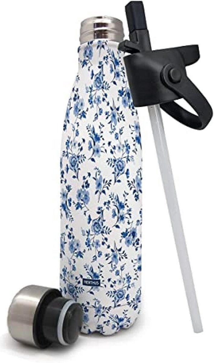 Dubbelwandige Thermosfles RVS met Rietjesdeksel - Bloemendessin Blauw - 500ml