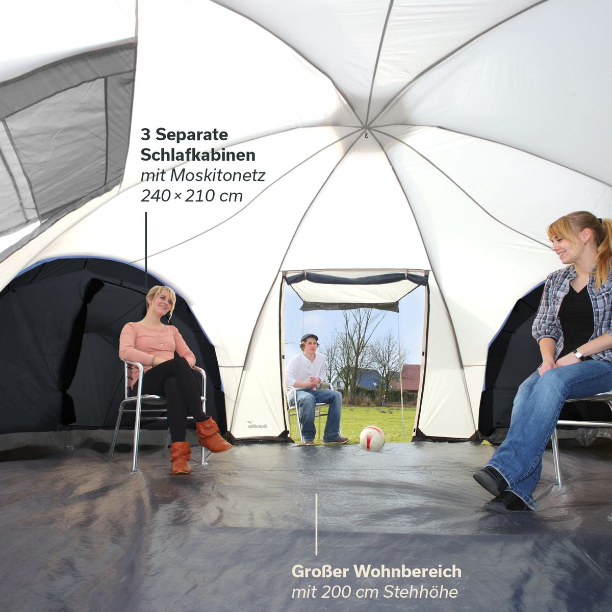 Skandika Turin Tent – Tenten – Familietent - Campingtent – Voor 12 personen – Koepeltent – Muggengaas – 3 slaapcabines - 200 cm stahoogte – Stalen stangen – 3000 mm waterkolom – Outdoor, Camping, Tuin – Kamperen – grijs/oranje – foto 5