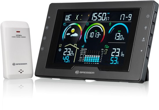 Zwart weerstation met een digitaal display en een witte draadloze thermo-/hygrosensor ernaast.