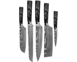 Shinrai Knives - Damascus Print Epoxy Onyx 5-delige Messenset - Koksmes + Broodmes + Nakiri + Kleine Santoku + Schilmes - Koksmes - Vleesmes - Hakmes