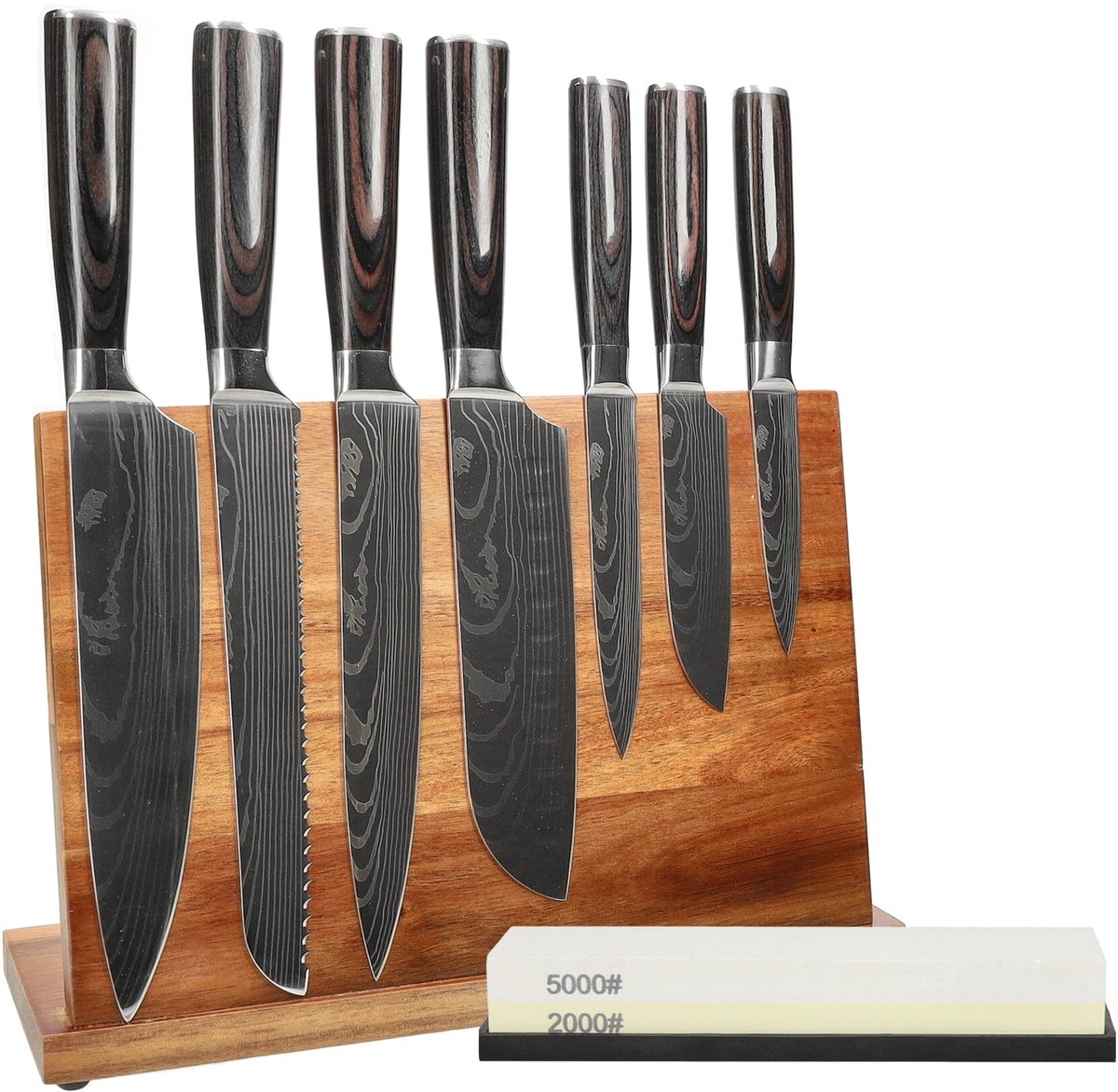 Shinrai Knives - Damascus Print 7-delige Messenset + Messenblok + Slijpsteen