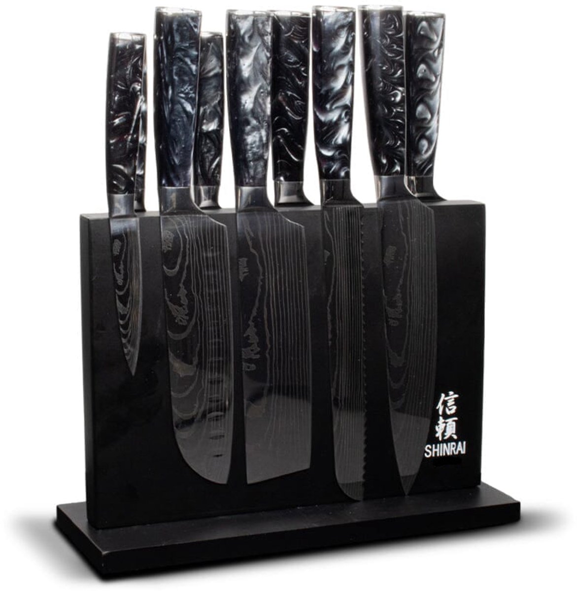 Shinrai Knives - Damascus Print Onyx Epoxy 9-delige Messenset + Magnetisch Messenblok Dubbelzijdig - Zwart
