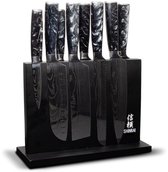 Shinrai Knives - Damascus Print Onyx Epoxy 9-delige Messenset + Magnetisch Messenblok Dubbelzijdig - Zwart