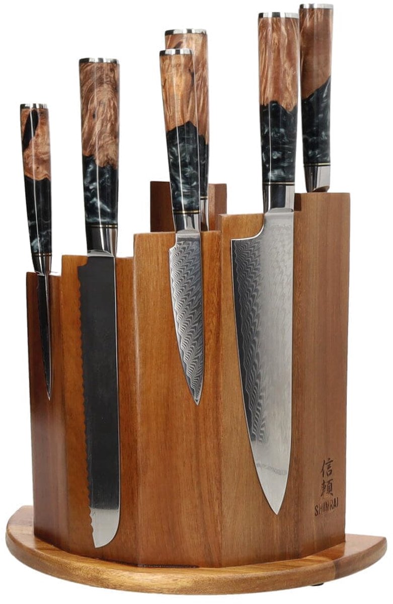 Shinrai Knives - Epoxy Onyx 6-delige Damascus Messenset + Magnetisch Messenblok Scalae - Acacia hout