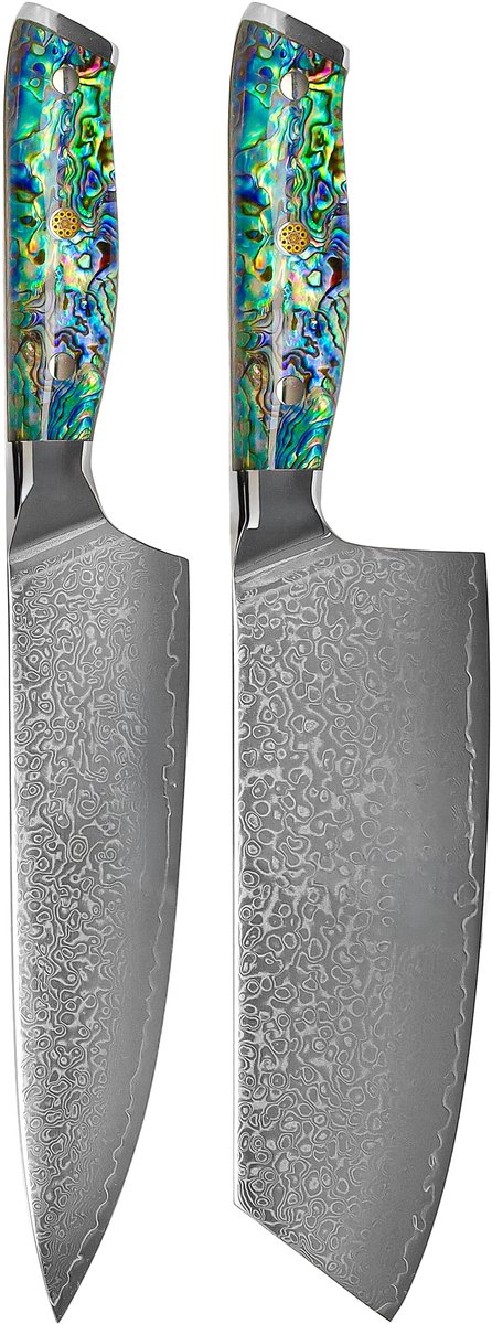 Shinrai Knives - Parelmoer Jewels 2-delige Damascus Messenset - Koksmes + Nakiri