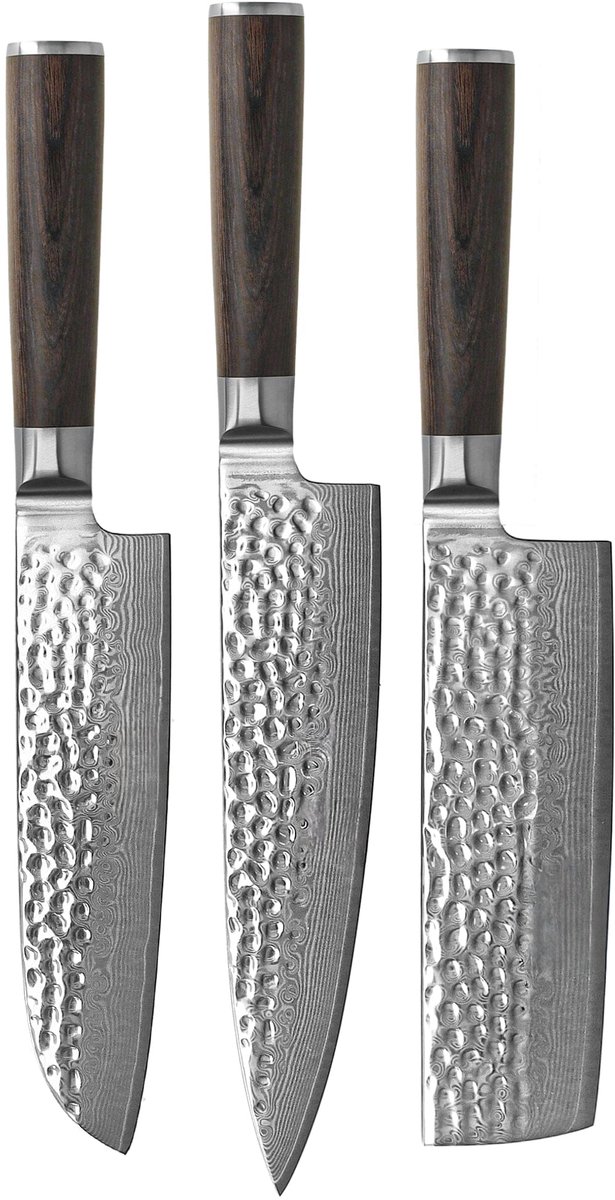 Shinrai Knives - Hammered Damast BR 3-delige Messenset - Koksmes + Nakiri + Santoku