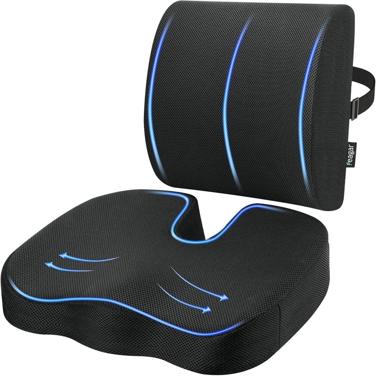 Orthopedisch zitkussen - Lendensteun set - Langdurig zitten - Traagschuim vulling - 36 x 19 cm - Zwart