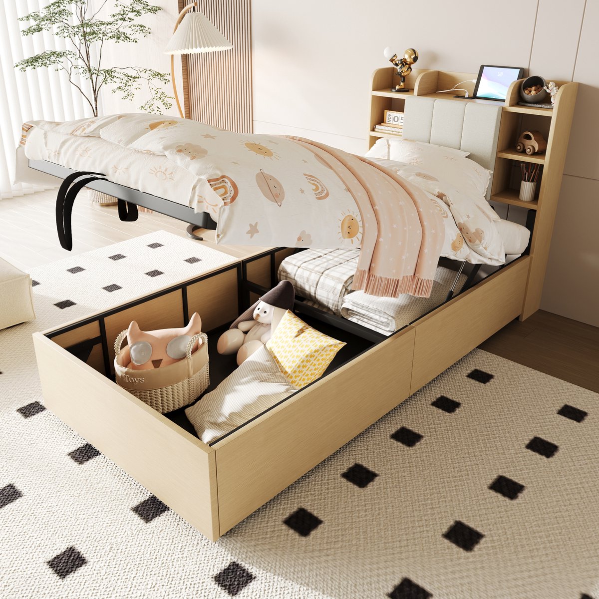 REDOM bedframe 90x200 cm – Natuurlijke houtkleur – Hydraulische opbergruimte, 3 USB + 1 Type-C – MDF + multiplex