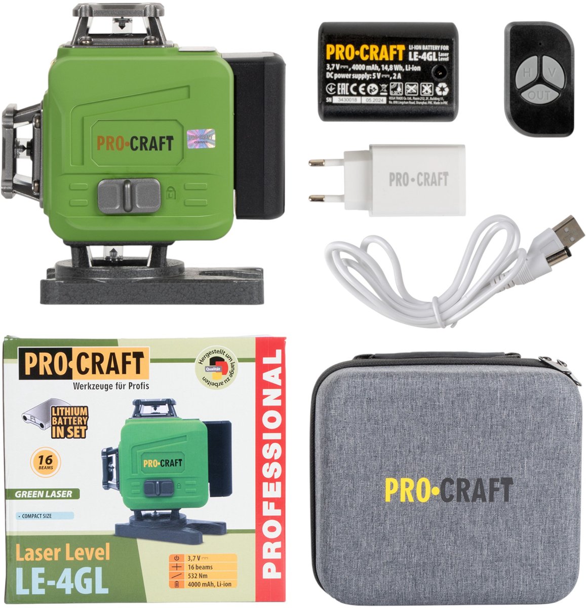 Procraft LE-4GL accu kruislijnlaser 3,7 V 40 m groen zelfnivellerend + 1x accu 4,0 Ah + oplader