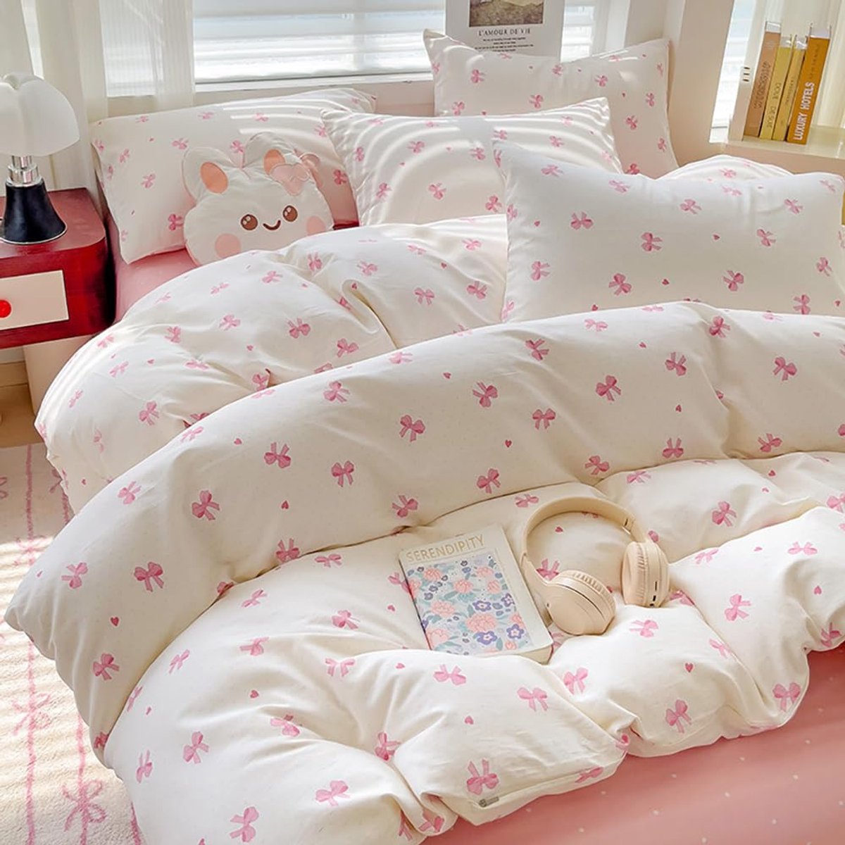 Unyqoos Romantische Beddengoedset met Roze Strikpatroon en Zachte Microvezel Stof wit roze