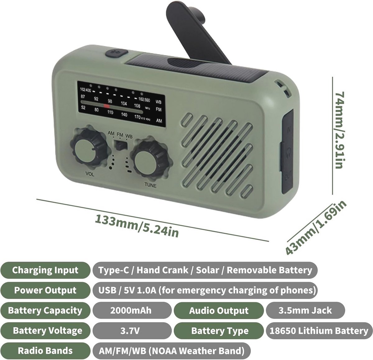 Noodweer Radio met Zonne-energie, Handmatig Op te Winden en LED Zaklamp