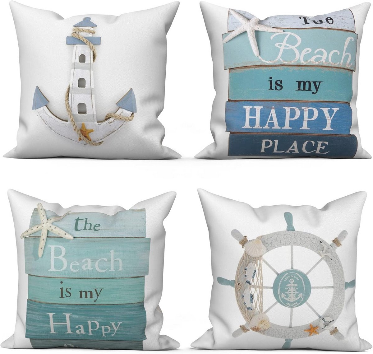 Kussensloop Maritiem 40 x 40 cm - Set van 4 Anker en Zeekompas Design