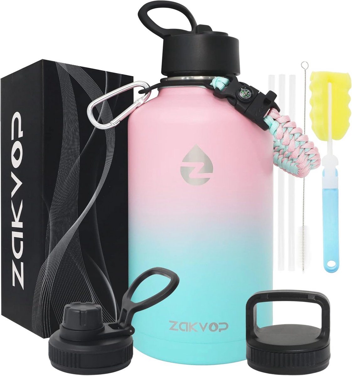 Geïsoleerde 2L Waterfles met Rietjes en Deksels - Roestvrijstalen Sportwaterfles met Paracord-Handvat voor Wandelen en Kamperen