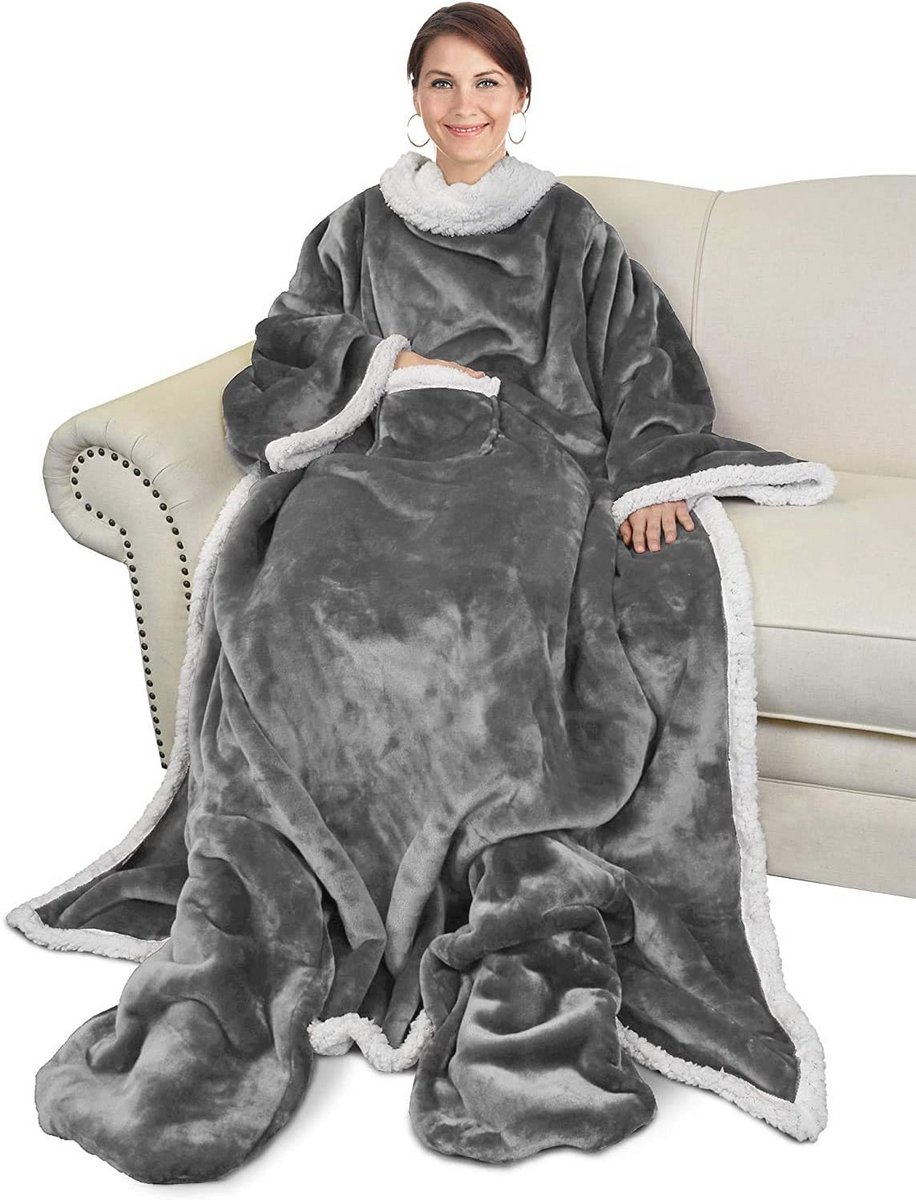 Warme Sherpa Knuffeldeken met Mouwen en Voetenzak - Zachte Fleece Deken voor Comfortabele Winteravonden
