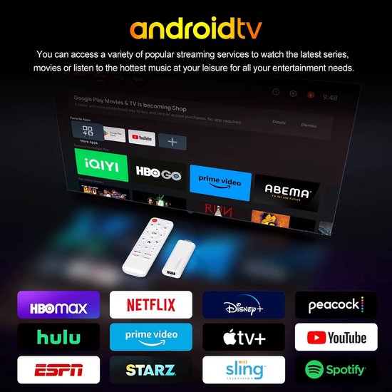 Android TV-interface met diverse streamingdiensten zoals Netflix, YouTube en Prime Video.