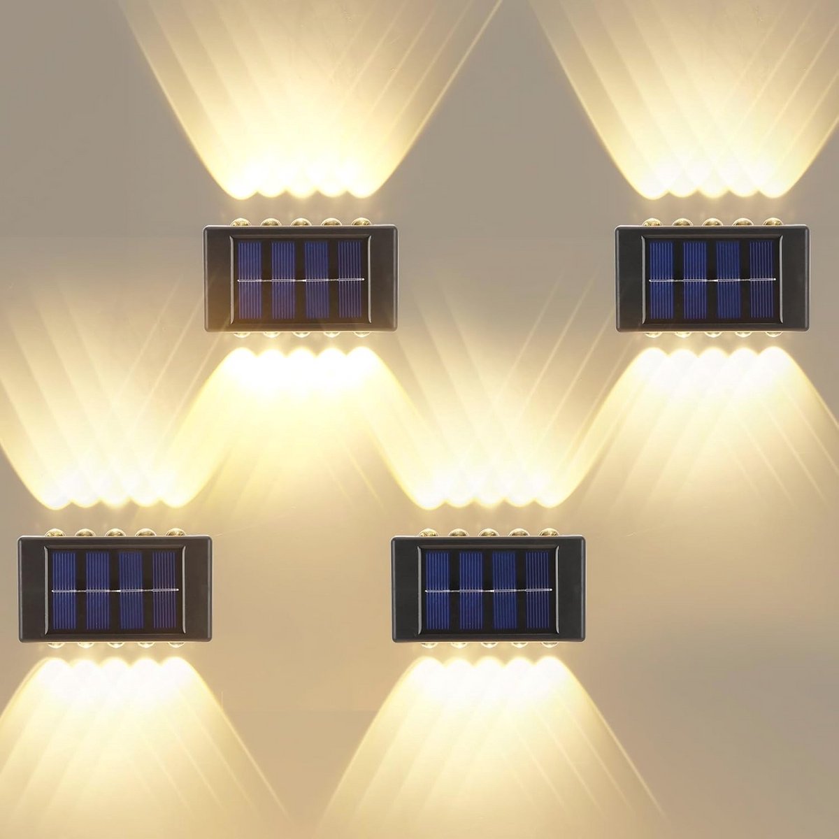 Buitenverlichting Solar Up and Down 8 LED Warm Wit IP65 Waterdicht voor Tuin, Patio, Balkon, Hek - Set van 4
