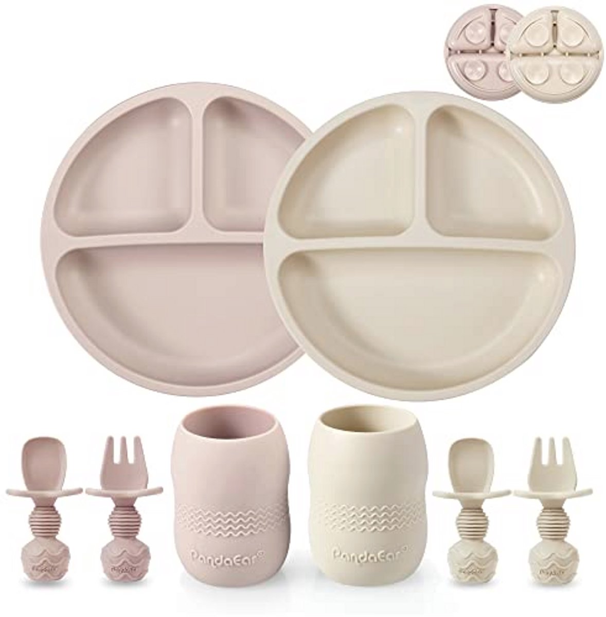 Siliconen babyserviesset met zuignap - Set van 2 borden, 2 kopjes, 2 lepels en 2 vorken - Babybenodigdheden (roze)