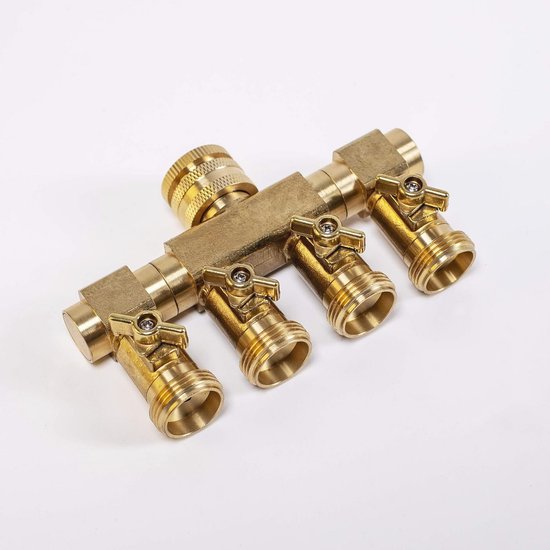 Foto: 4 voudige waterverdeler met 4 slangaansluitingen en doorstroomregelventielen