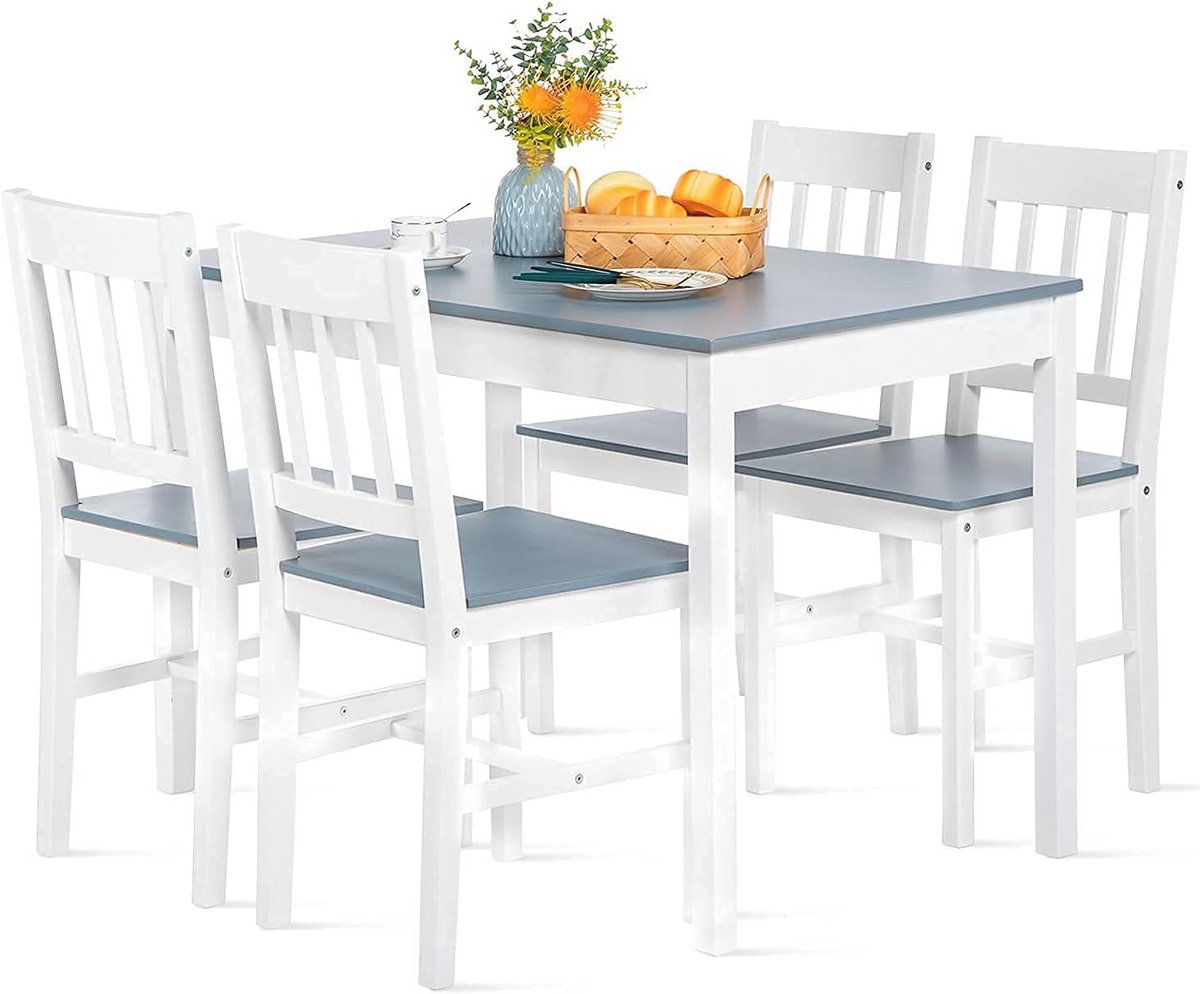 Eettafel met 4 Stoelen - Hoekige Houten Eetgroep voor Eetkamer, Keuken en Woonkamer in Grijs en Wit
