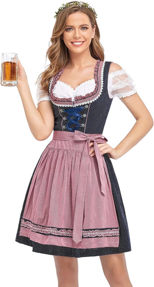 Midi klederdrachtjurk dames voor Oktoberfest - Roze dirndl met bijpassende schort