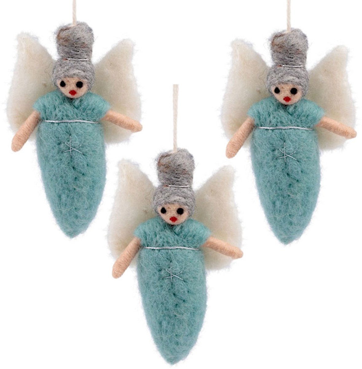 Wolvilt Hangers Engeltjes - IJsblauw - Set 3 stuks - Fairtrade Homedeco - 13x7cm