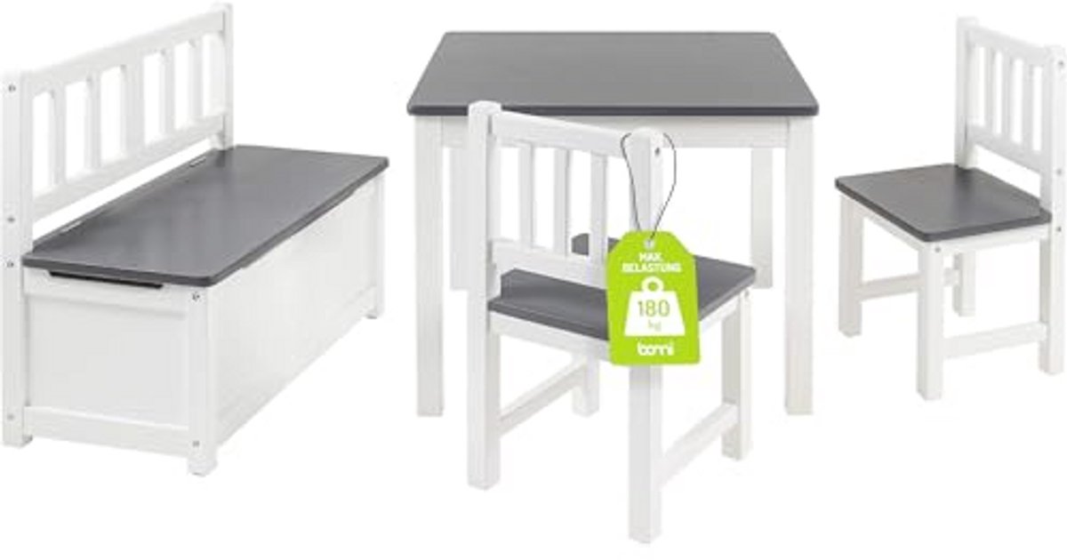 Kindermeubels Tafel en Stoelen Set voor Kinderen - Grijze Kinderzitbank met Kist van Massief Grenenhout