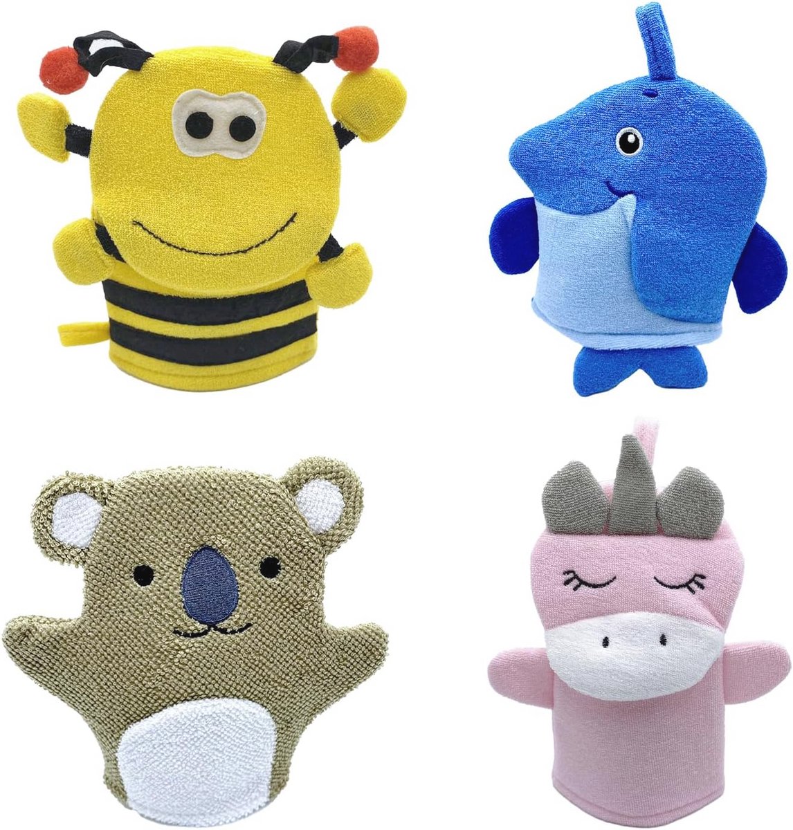 Zachte Kids Bad Spons Mitts voor Peuters - 4 Stuks met Dieren Ontwerpen