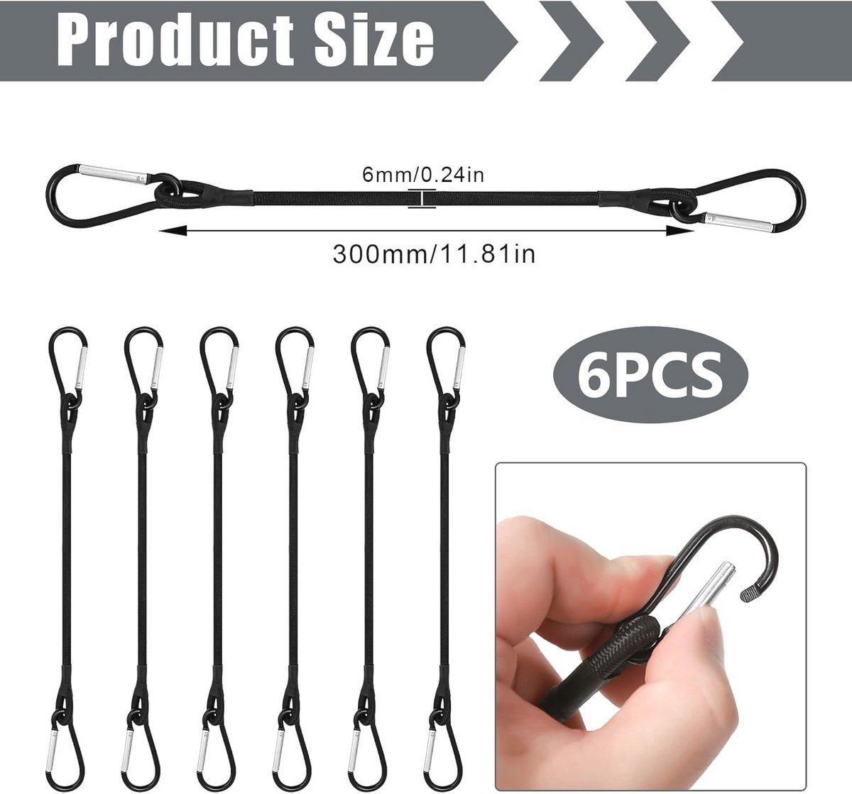 Set van 6 elastische spanbanden 30 cm met karabijnhaak voor camping, auto en fiets