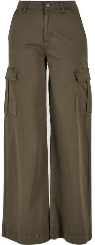 Olijfgroene cargobroek met wijde pijpen, hoge taille en twee klepzakken op de zijkant.