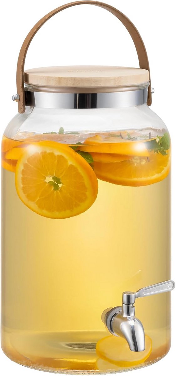 Glazen drankdispenser met tapkraan en houten deksel - 5.6 liter voor koude dranken