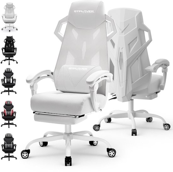 Overzicht van witte GTPLAYER bureaustoelen in verschillende posities en een rij met alternatieve kleuren.
