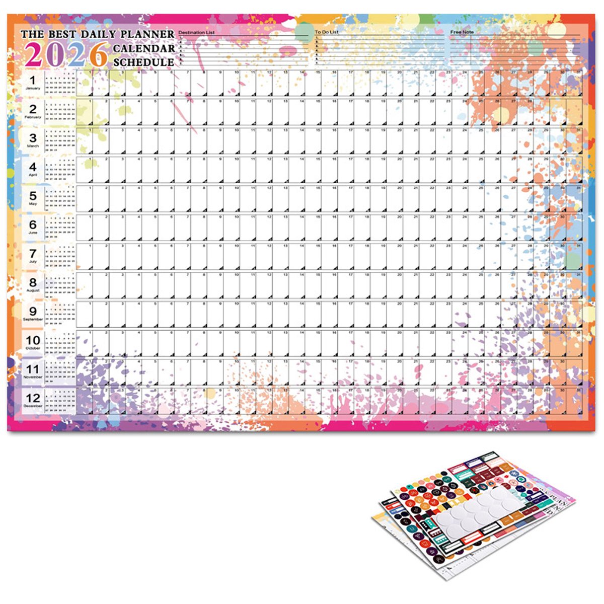 2026 Nieuwe jaarlijkse dagkalender Geschikt voor aan de muur, planner Geschikt voor 365 dagen, jaarlijkse hangplanner, weekplanner (12 maanden)