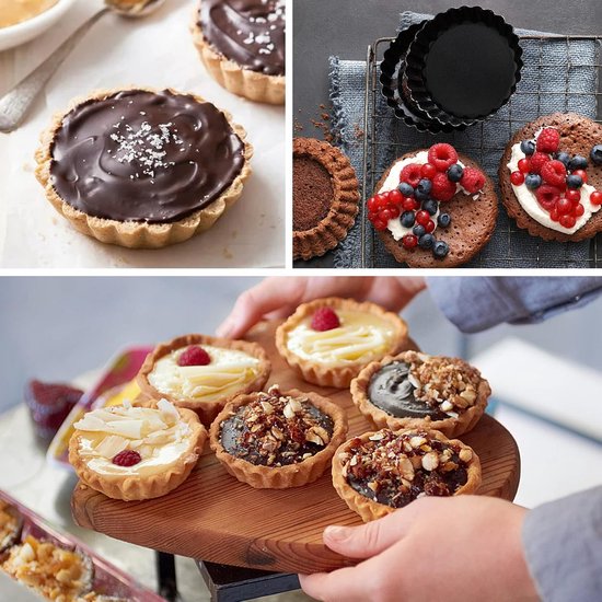 LOPYXBR 12 stuks taartvorm met uitneembare bodem, 12 cm, kleine quichevorm met uitneembare bodem, anti-aanbaklaag, mini-tartelette vormpjes, pie vorm, tartletvormpjes van koolstofstaal
