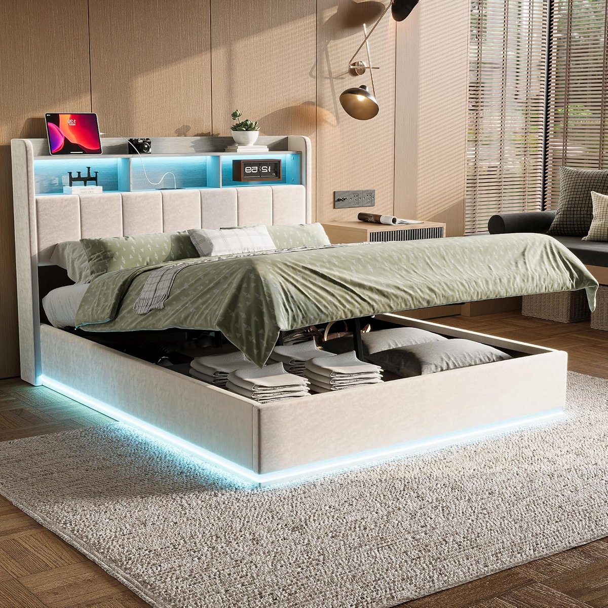 Tweepersoons Boxspringbed (160x200) met Opbergruimte, LED Verlichting en USB-Poort | Gestoffeerd Platformbed Wit