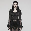 Model in zwarte, kanten blouse met hoge ruche kraag, korset sluiting en pofmouwen.