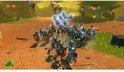 Gameplay: Grote groep Romeinse soldaten vecht met Asterix en Obelix in een bosrijk gebied.