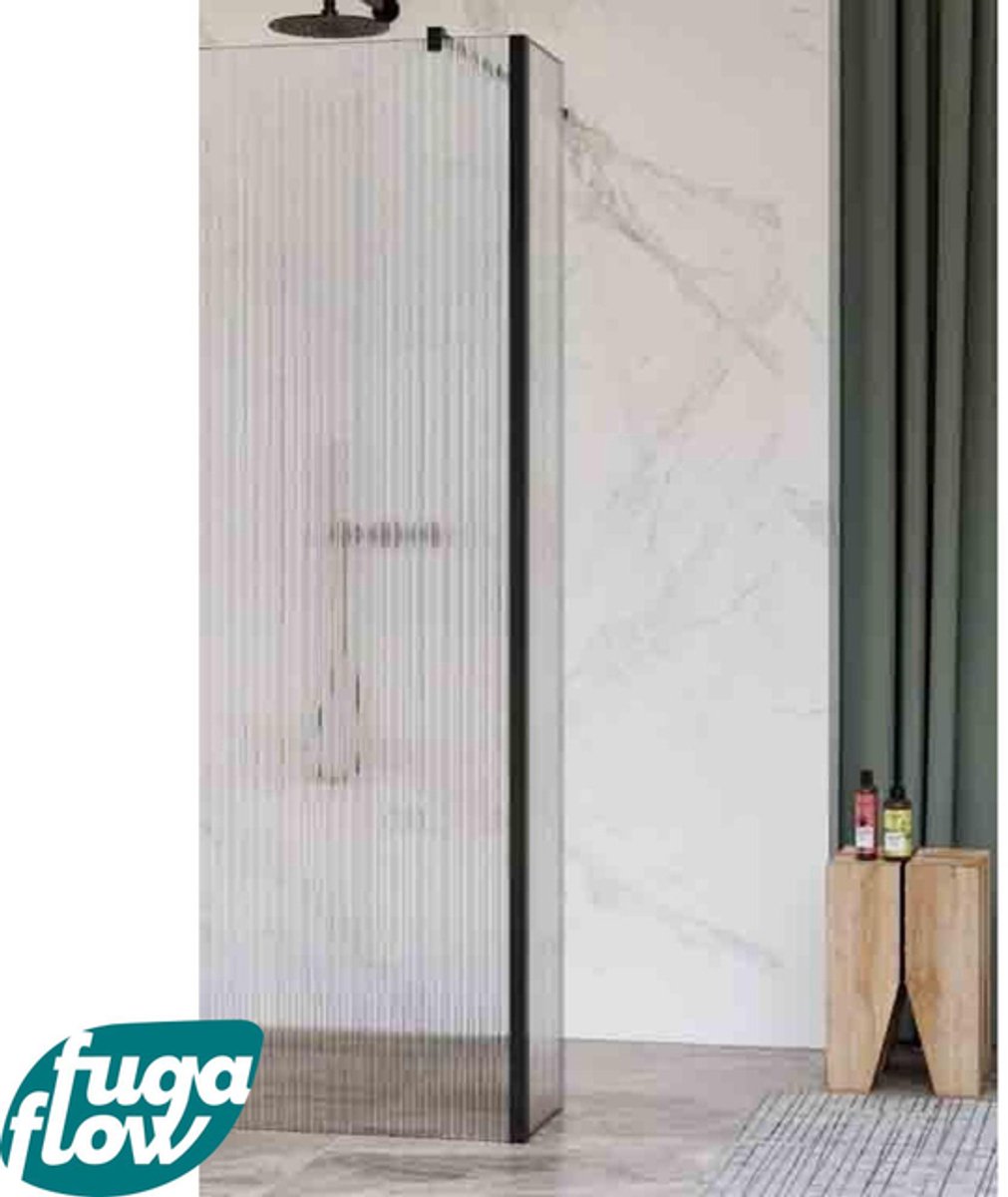 FugaFlow Eccelente Vetro zijwand - 50x200cm - ribbel glas - 8mm - met hoekprofiel - mat zwart -