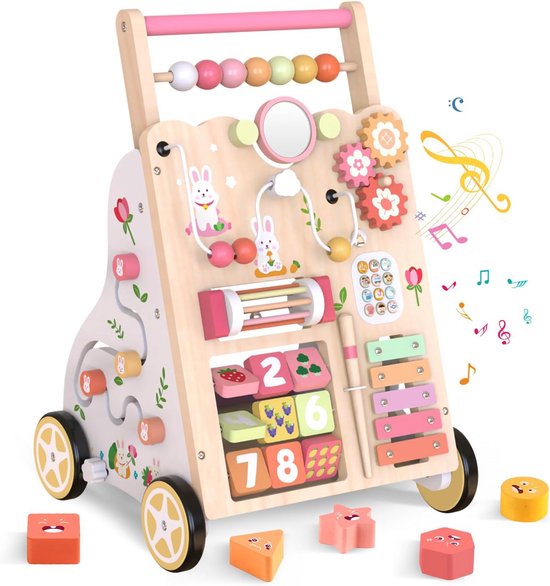 Houten loopwagen voor baby's, duwwagen met wielen, Montessori activiteitencentrum voor 1 2 3 jarigen, duwspeelgoed voor peuters, educatief cadeau voor Houten loopwagen voor baby's, duwwagen met wielen, Montessori activiteitencentrum voor 1 2 3 jarigen, duwspeelgoed voor peuters, educatief cadeau voor