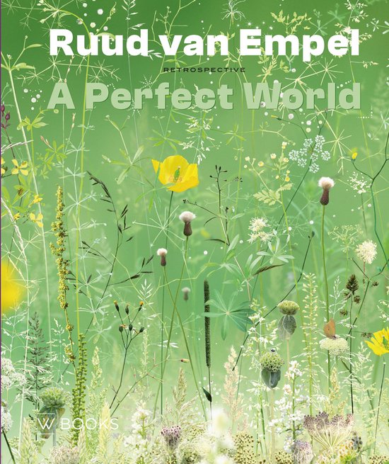 Boekomslag met de titel 'Ruud van Empel A Perfect World Retrospective' tegen een achtergrond van groene wilde bloemen en grassen. Logo 'W BOOKS'.