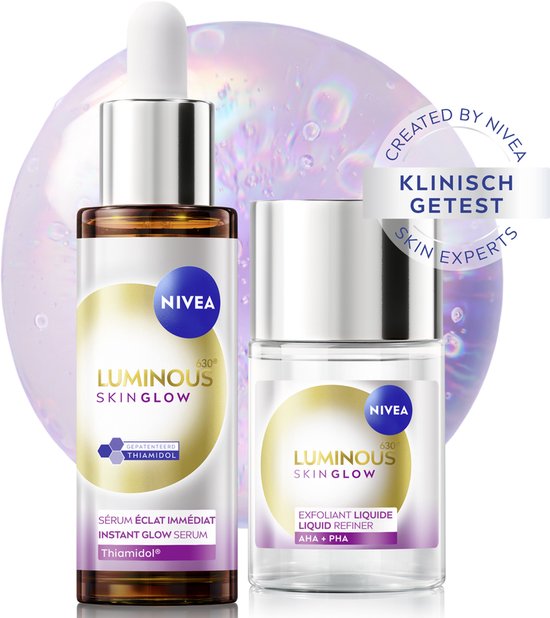 Twee flesjes NIVEA Luminous630 serum en liquid refiner, met een parelmoerachtige achtergrond.