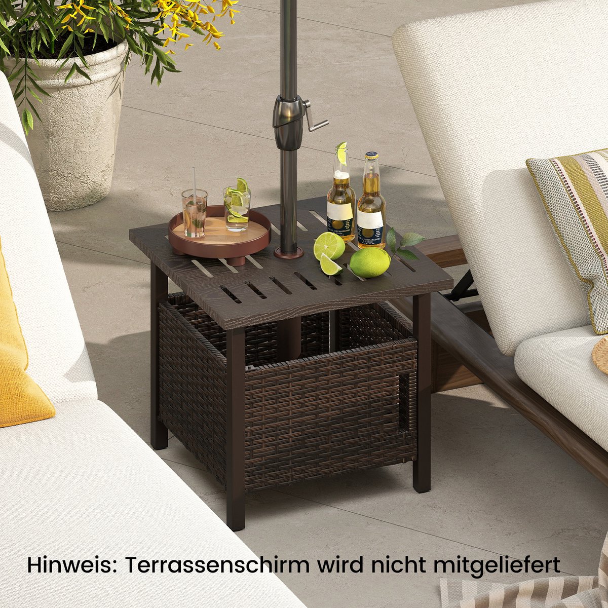 COSTWAY Bijzettafel voor buiten, weerbestendig, rotan tuintafel met paraplugat, kleine balkontafel, koffietafel voor tuin, balkon, terras, 55,5 x 55,5 x 47,5 cm thumbnail 5