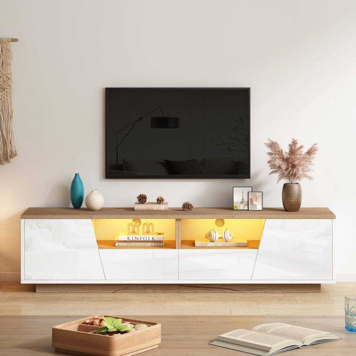 Wishdor Tv-Meubel - 2 Laden En 2 Kasten - Ledverlichting Met App-Bediening - Hoogglans Front - Spaanplaat - Wit En Naturelhout - 180 X 40 X 46 Cm