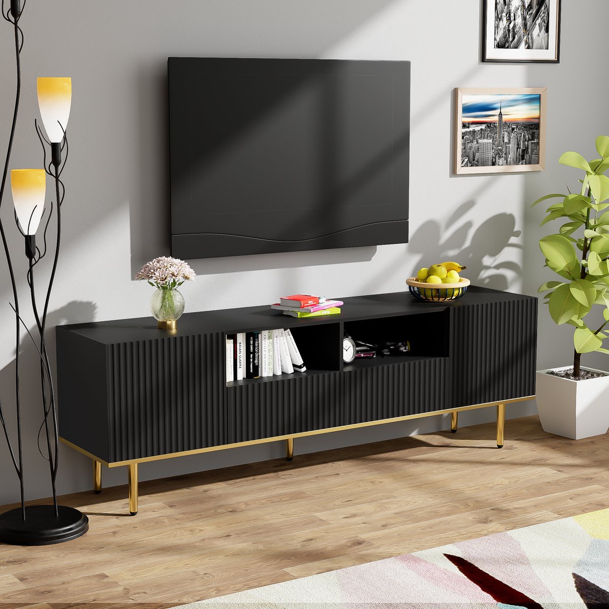 REDOM TV-meubel 165x36x55 cm van spaanplaat, zwart met gouden accenten, modern design met 